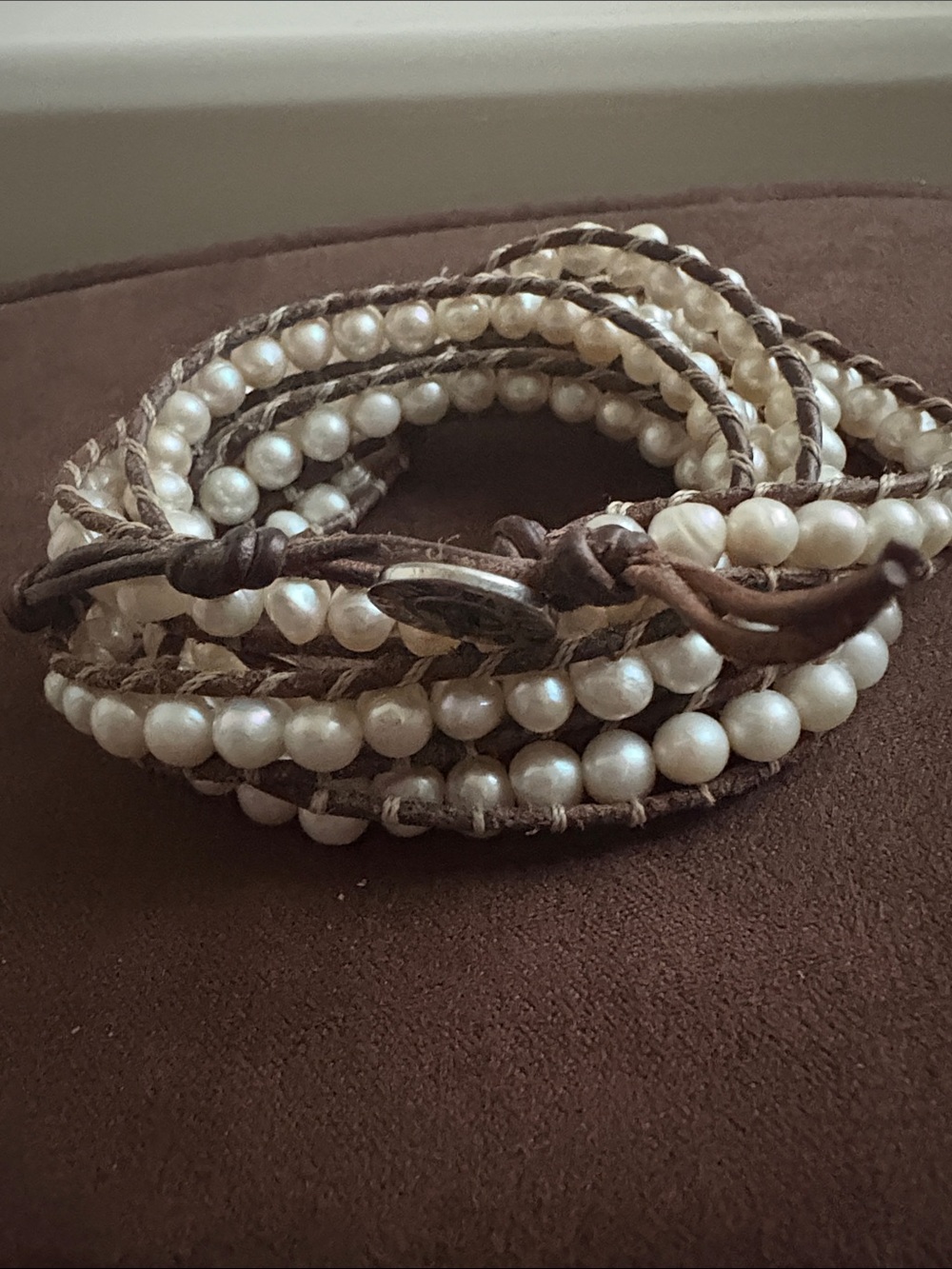 Victoria Emerson White Pearl on Brown Leather 5 Wrap Bracelet New